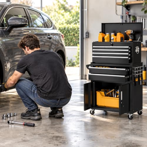 Bonusall Rolling Tool Chest with 8 Drawers, 2 Doors, Detachable 2-in-1 Work Bench, Black - Mobile Cabinet