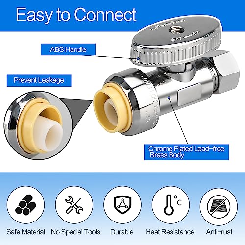2 Pack Brass Straight Stop Valves 1/2" Push-to-Connect & 3/8" Compression, Reusable, for Plumbing