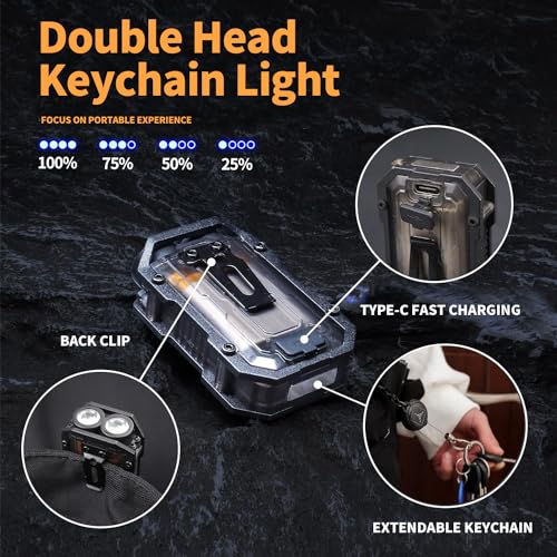 Clip-on Flashlight with Extendable Keychain, Compact Pocket Light for Night Work, Running, Walking, Camping, Fishing, Hiking, USB-C Rechargeable Small Pocket EDC LED Flash Light-Super Bright 800LM