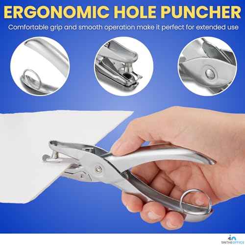 1InTheOffice Single Hole Punch, Ticket 1-Hole Puncher- Metal Hole Punchers - One Hole Puncher Heavy Duty - 5 Sheet Capacity, Silver (2 Pack)
