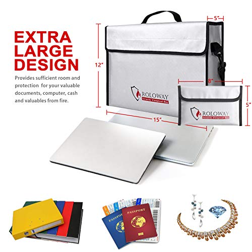 Large Fireproof Water-Resistant Document & Money Bag with Zipper & Handle - Silver (15 x 12 x 5 inches) - ROLOWAY