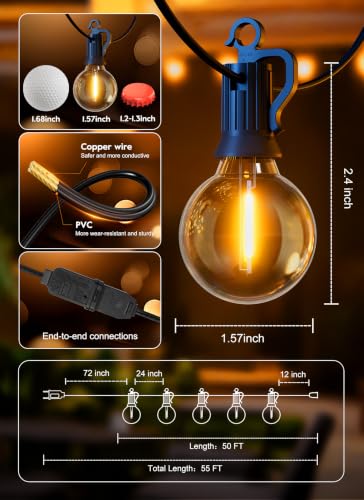 Brightown Black 55FT Connectable Outdoor String Lights with 25 Bulbs - IP65 Waterproof Patio Lighting