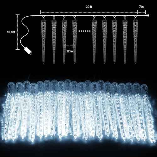 Brightown Christmas Meteor Shower Icicle Lights Outdoor, 30ft with 30 Tube 720 LED Dropping Effect, Waterproof Decorations for House Eave Roofline, Cool White