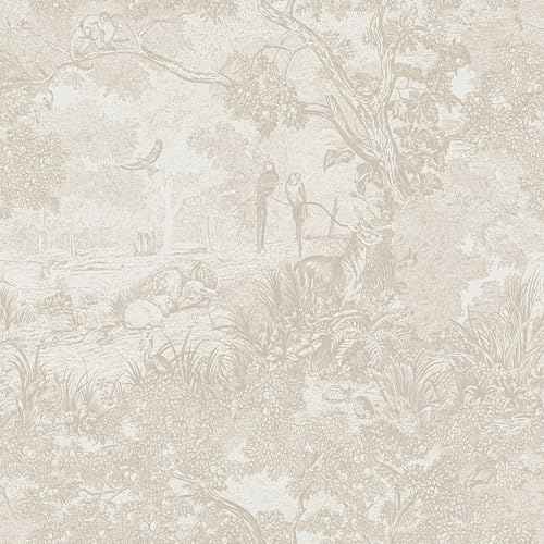 Heroad Peel and Stick Wallpaper Beige Neutral Vintage Forest Animals Floral Wallpaper Removable Self-Adhesive Contact Paper for Bedroom Living Room Cabinets Decoration Thicken Vinyl 17.3''x78.7''