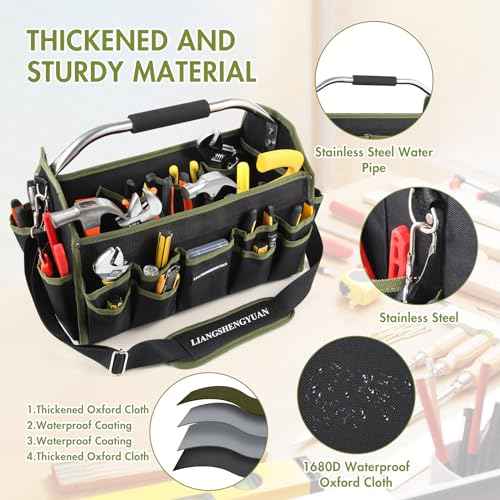 20In Electrician Tool Bag, Foldable Bags For Men Heavy Duty, Open Top Tool Tote, 30 Pockets Can Hold Many fittings, Organizer Stainless Steel Handle and Removable Shoulder Strap