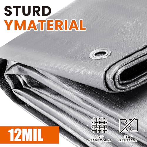 Heavy Duty Waterproof Tarp 20x20 ft UV & Tear Resistant with Grommets - Silver & Brown, 12 Mil Thick, Outdoor Cover for Pool, Roof, Tent, Firewood