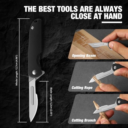 MINI-FREE-WOLF Scalpel Folding Knife with 5 Replacement Blades #24, EDC DIY Tool Small Pocket Knife for Men, Black Compact
