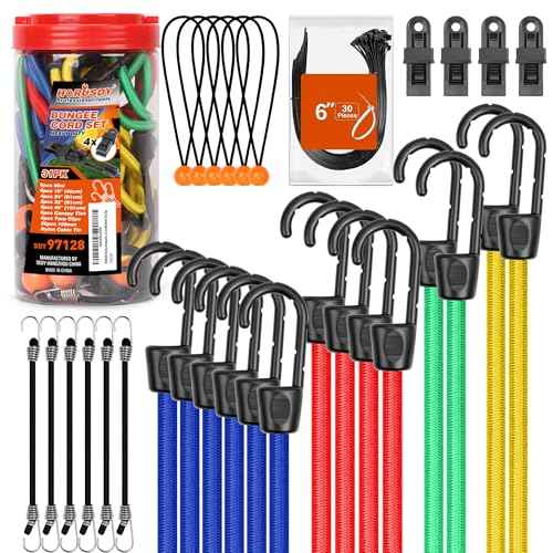 HORUSDY 31-Piece Premium Bungee Cords Assortment Jar, Includes 10¡±,18¡±,24¡±,32¡±,40¡± Bungee Cords, 6¡° Zip Ties, 8¡±Canopy/Tarp Ball Ties and Crocodile Mouth Tarp Clips
