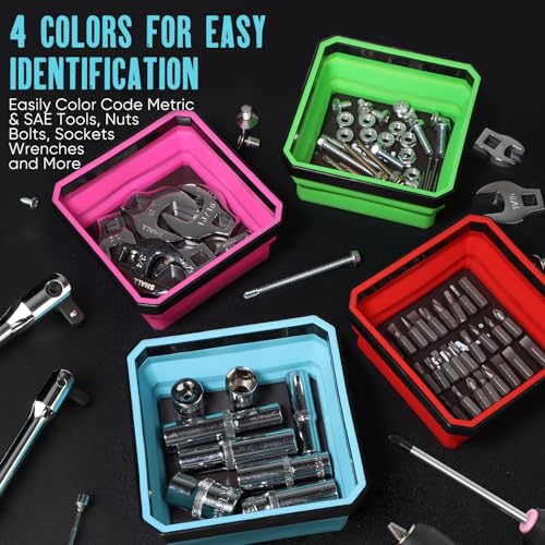 Upgraded SHALL Collapsible Magnetic Parts Tray Set, 4-Pack 4.5" Square Bowls with Double-Sided Magnetic Base