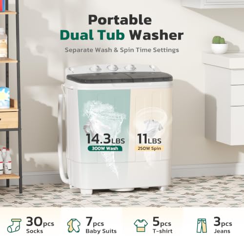 Greenvelly Grey 25lbs Portable Twin Tub Washing Machine & Spinner Combo – Compact Semi-Automatic Laundry for Dorms & RVs