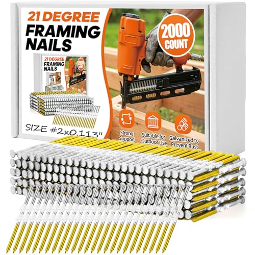 MossGrip 2 Inch x 0.113 Inch 2000 Count 21 Degree Ring Shank Framing Nails, Hot Dipped Galvanized, Compatible with Most Nail Guns