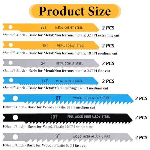 14 PCS U-Shank Jig Saw Blade Set, Jigsaw Blades Fit Vast Majority U Shank Jigsaws, Jigsaw Blades Set for Wood, Plastic and Metal Cutting, 6T 8T 10T 14T 18T 24T 32T