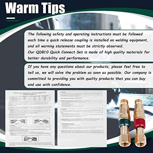 Upgraded QDB10 Torch to Hose Quick Connect Set, With Check Valves. Brass construction color coded for safety (oxy/green, fuel/red).