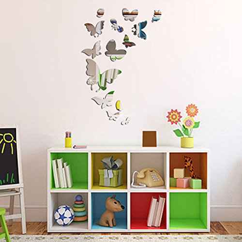Set 14pcs DIY Butterfly Mirror Sticker, Beautiful 3D Butterfly Mirror Wall Decal&Murals DIY Home Decoration (Silver)