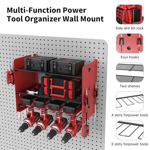 NWH Power Tool Organizer Wall Mount,Tool Organizer with 5 Drill Racks in Garage, 3 Levels of Storage Space, Heavy Duty Metal Power Tool Storage Rack Tool Shelf for Garage Organization