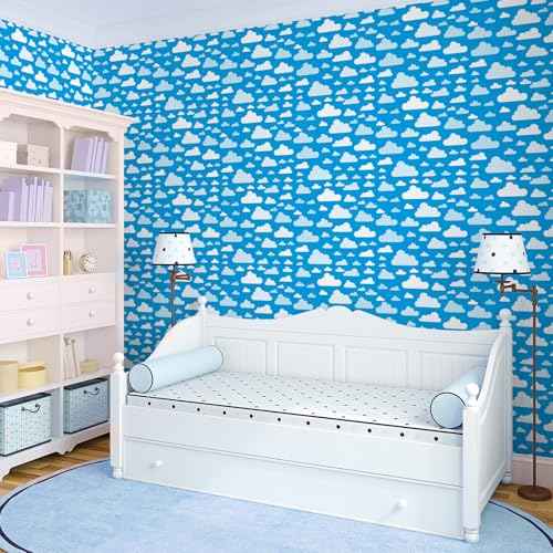 Cartoon Wallpaper Peel and Stick Blue Sky White Clouds Removable Wallpaper Vinyl Self Adhesive Cartoon Room Decor Photo Background for Room Playroom Nursery Wall Decorations 17.7x118 Inch