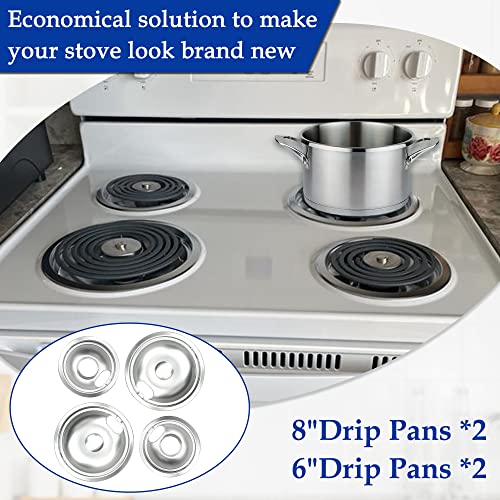 Mejiao 4 Pack 6" & 8" Electric Stove Burner Drip Pans - Chrome Replacement for Whirlpool W10278125 W10196405/06 (Drip Pan New Variant)