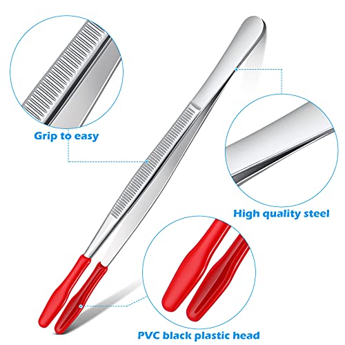 2 Pieces Bent Tip Tweezers with Rubber Tips PVC Coated and 2 Pieces Tweezers Rubber Coated PVC Soft Non Marring Flat Tips Lab Hobby Jewelry Craft Stainless Steel Tool(Red)