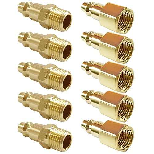 10PCS 1/4 Inch NPT Male & Female Industrial Air Hose Quick Connect Plug Brass Finish Air Compressor Pneumatic Coupler Fitting Adapter