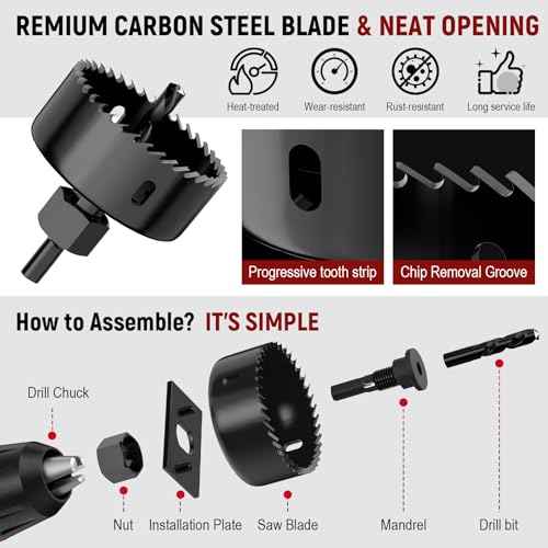 12-Piece Hole Saw Kit, Includes 8 Sizes (3/4" to 2-1/2"), Arbors, Drill Bits, and Hex Key, Ideal for Softwood, Plywood, and PVC (Black)