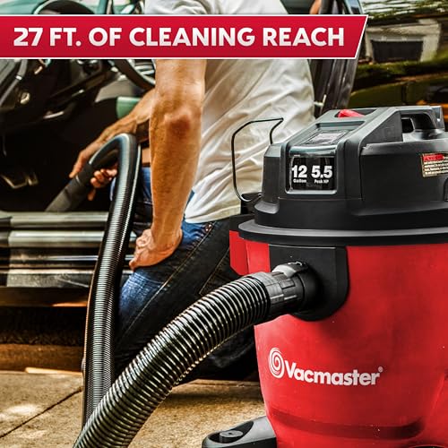 Vacmaster 12-Gallon Heavy-Duty Wet/Dry Shop Vacuum with 5.5 Peak HP, Red