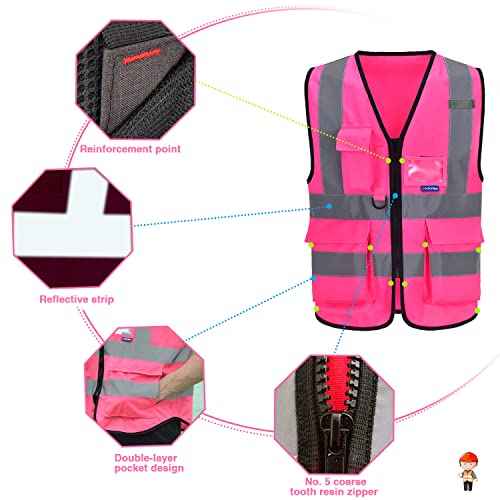 A-SAFETY Pink Safety Vests for Women,Working Safety Vest with Reflective Strips,Medium
