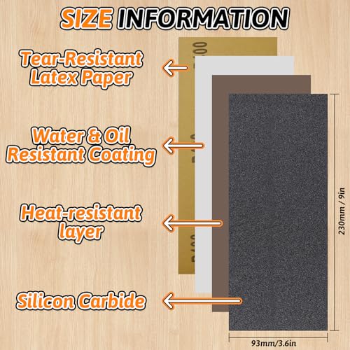 Pihemum 45 Pack Wet Dry Sandpaper Sheets 80-5000 Grit for Polishing & Finishing, 9x3.6 Inch