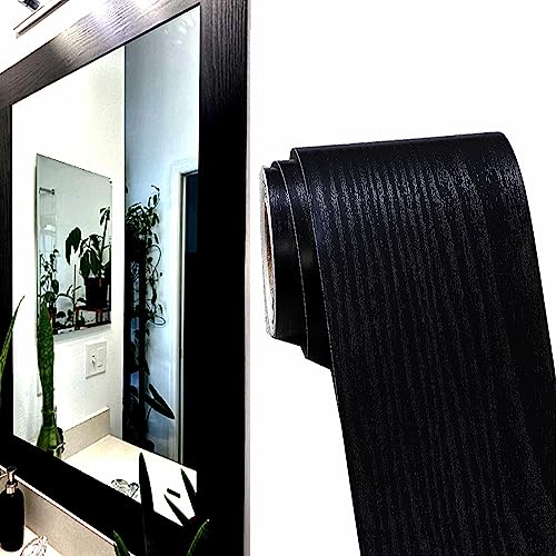 DESOMINOR 32FT Black Peel & Stick Wood Grain Wallpaper Border - Removable Waterproof Bathroom Mirror Frame Sticker, 3.93 Inch Wide