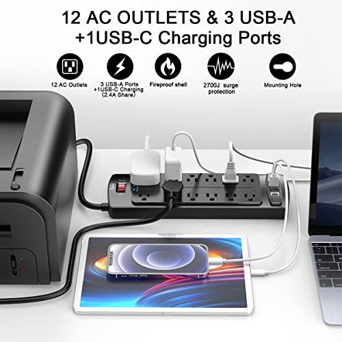 Alestor 6 Ft Black Surge Protector Power Strip with 12 Outlets & 4 USB Ports