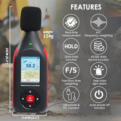Danoplus Decibel Meter Data Logger – 30-130dB Sound Level Meter with 43,000 Data Records