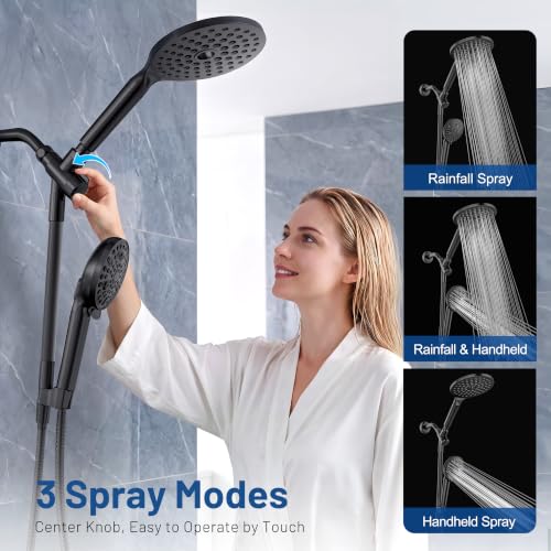 MakeFit 8 Inch Matte Black Dual Filtered Rain Shower Head & Handheld Combo with Adjustable Bar