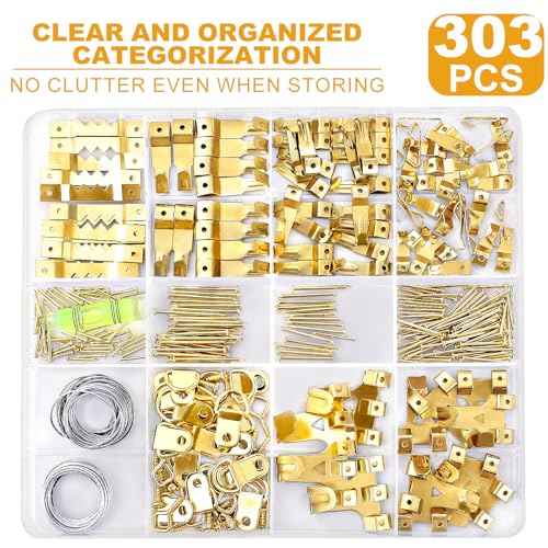 KURUI 303Pcs Picture Hanging Kit, Picture Hangers Assorted Kit with Heavy Duty Picture Hanging Hooks/Hardware Nails/Sawtooth/Wire/D Rings/Level, Metal Picture Wall Hooks for Frame Canvas Mounting