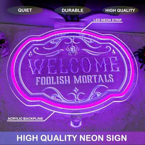 Welcome Foolish Mortals Neon Sign - Haunted Mansion LED Wall Decor for Halloween, Horror Parties & Themed Bars, USB-Powered with Adjustable Brightness, Spooky Flicker Effect