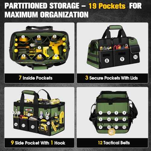 Heavy Duty Tool Bag 16-Inch - 19 Pockets Tool Organizer, Portable Electrician Toolbox W/Soft Handle, Christmas Birthday Gift Ideas for Men Dad Husband Him Mechanic Plumber, Wide Mouth Tool Storage Box