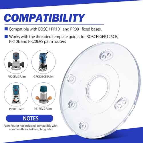 Palm Router Subbase PR110, Palm Router Accessories with Screws- Round Base Plate for Bosch RA Threaded Templet Guides, Accurate Positioning of Bit, Fits for Bosch Trim Routers GKF125CE, PR20EVS, PR10E