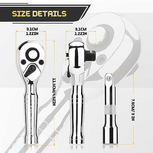 Stubby Ratchet Set- 3/8" Drive Ratchet Handle with a Extension Bars, Gift for Men 72-T Reversible Quick Release Head Premium Mini Ratchet Wrench for Narrow Spaces