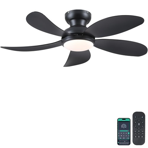 PHORUS 42" Black Low Profile Ceiling Fans with Lights and Remote,Small Flush Mount Ceiling Fans with Quiet Reversible DC Motor, Dimmable 3 CCT