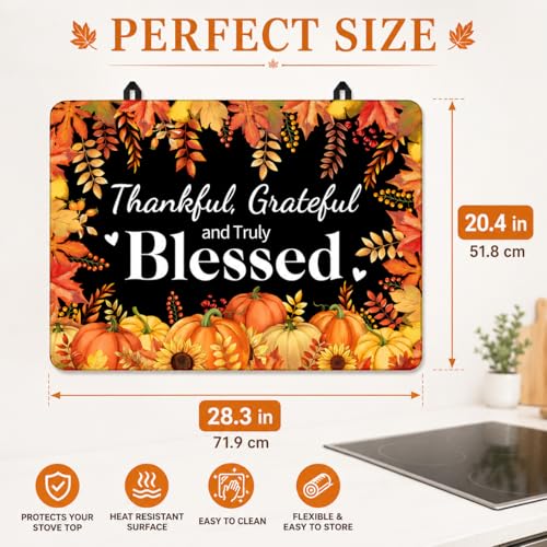 Thankful Grateful And Truly Blessed Stove Top Cover 28x20 Inch | Fall Heat-Resistant Glass & Silicone Protector