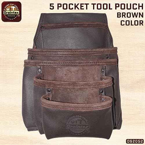 Graintex OS2052 5 Pocket Oil Tanned Nail & Tool Pouch Dark Brown Color for Constructor/Electrician/Plumber