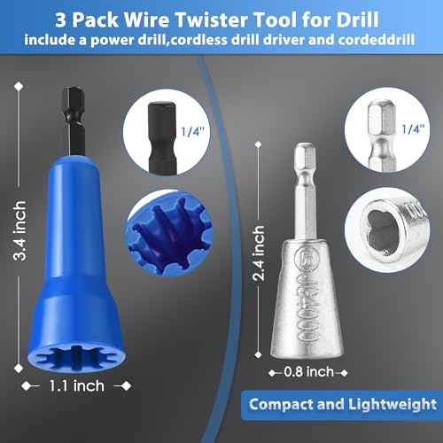 3 Pack Wire Twister Tool for Drill with 1/4" Hex Shank,Electrician Tools Wire Nut Twister for Drill, Quick Wire Connector Wire Twisting Tool(3 pcs)