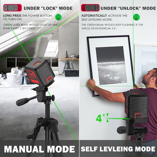 Motovera LL-T3 Self-Leveling Laser Level 100ft Green Cross Line with Tripod, 4 Brightness Modes & IP54 Waterproof