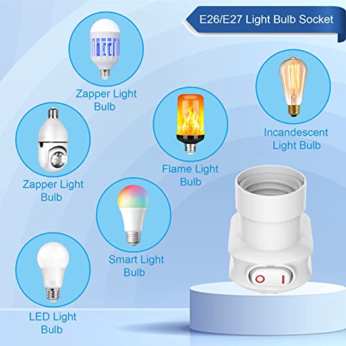 MIKWOAB 2 Pack White Outlet to Socket Adapter with 360° Rotatable E26/E27 Light Socket and On/Off Switch - Light Socket Version