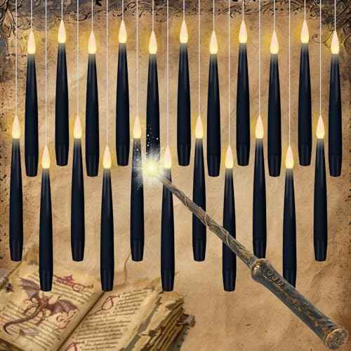 GenSwin 22pcs Flameless Floating Candle with Magic Wand Remote Timer, Battery Operated Hanging Window Candles Flickering, 6.1" LED Electric Candles for Christmas Halloween Decorations(Black)