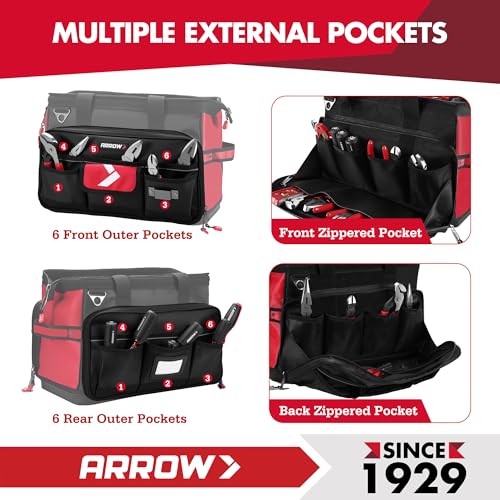 ARROW 17" Large Tool Bag with 36 Multipurpose Pockets, Tool Bags for Men Heavy Duty with Waterproof Hard Base, Reflective Band, Wide Open Mouth Toolbag for Electrician Mechanic Plumber HVAC