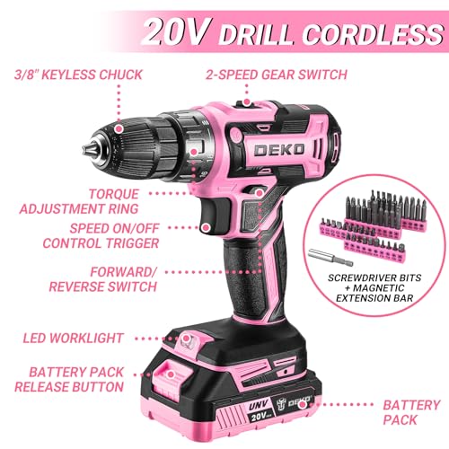 Pink 20V Cordless Power Drill Set with Battery & Tool Box - DEKOPRO