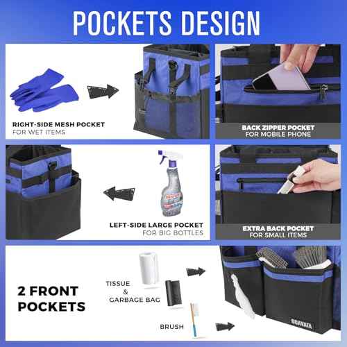 Compact Wearable Cleaning Caddy, Small Supplies Organizer with Handle & Shoulder Straps for Housekeepers, Under Sink & Car Cleaning Tool Organizer Bag (Blue)