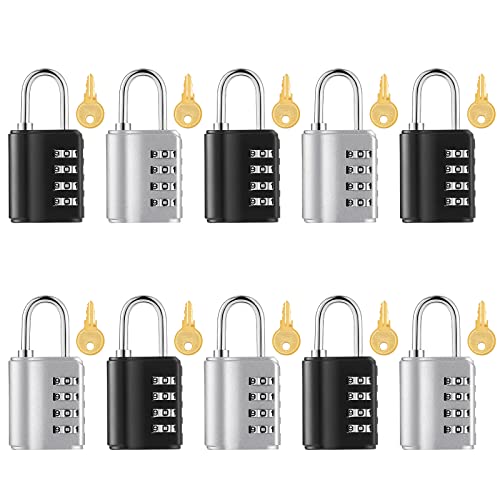 Kenning 10 Pcs Combination Padlock 4 Digit Combination Lock with Keys Locker Resetable Security Outdoor Waterproof Gate Lock for School Sports Gym Locker Employee Fence Case (Silver and Black)