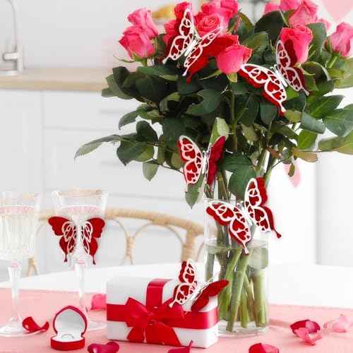 Love 3D Butterfly Wall Decor Summer Butterfly Wall Sticker Decoration Silver Red Double Deck Removable Sticker 3.85x4.6 inche for Valentine's Birthday Holiday Party Decoration-6pcs