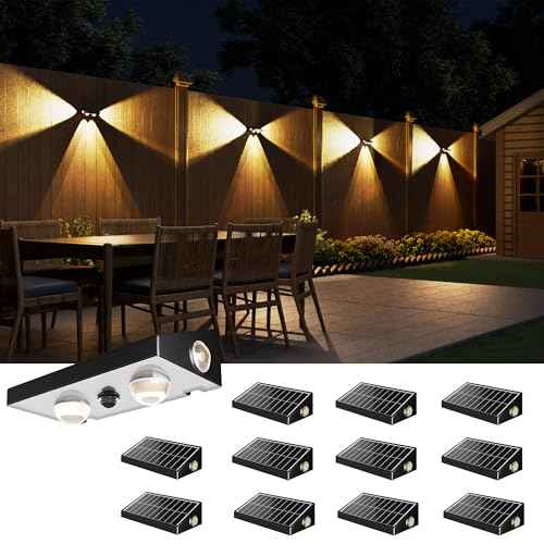 JACKYLED Solar Fence Lights 12 Pack, Outdoor Waterproof LED Light Solar Powered 10 Modes RGB Color Changing/Warm White, 3-Way Lensed Lighting for Deck Railing Backyard Wall