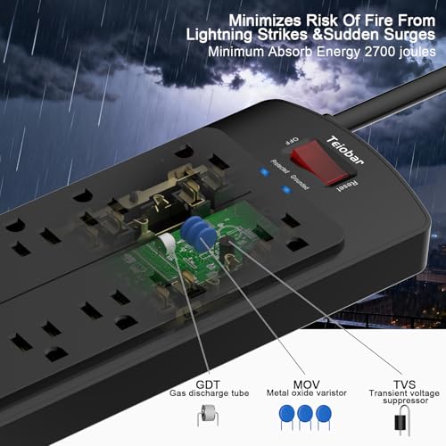 Teiobar 6 Ft Surge Protector Power Strip with 12 Outlets & 4 USB Ports - Black, 2700 Joules